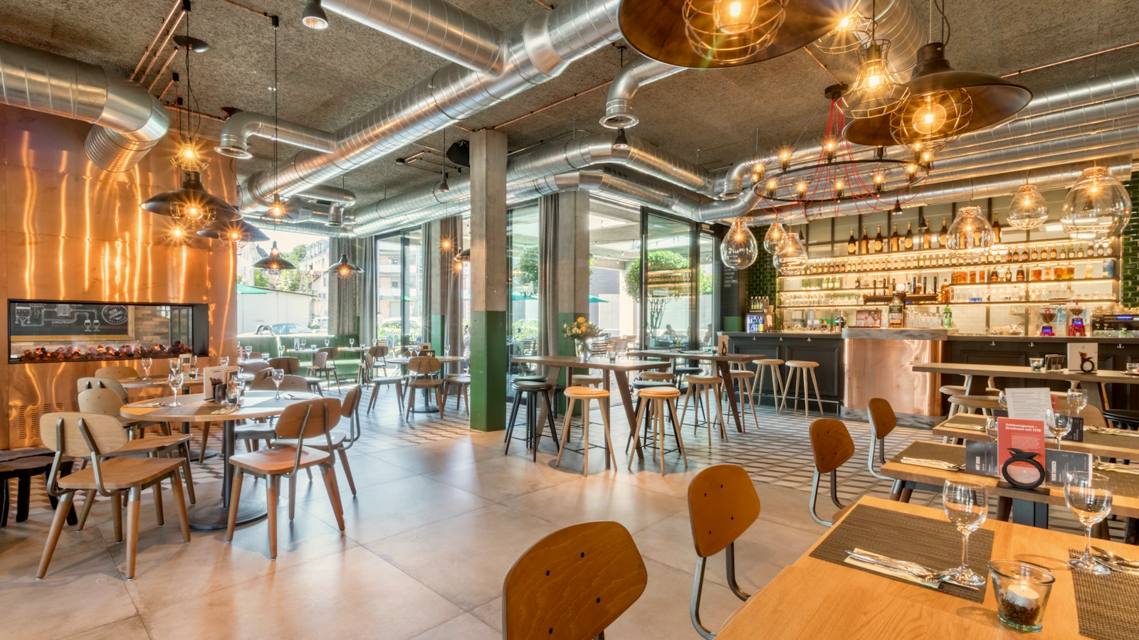 Commercial restaurant seating with dining chairs and tables