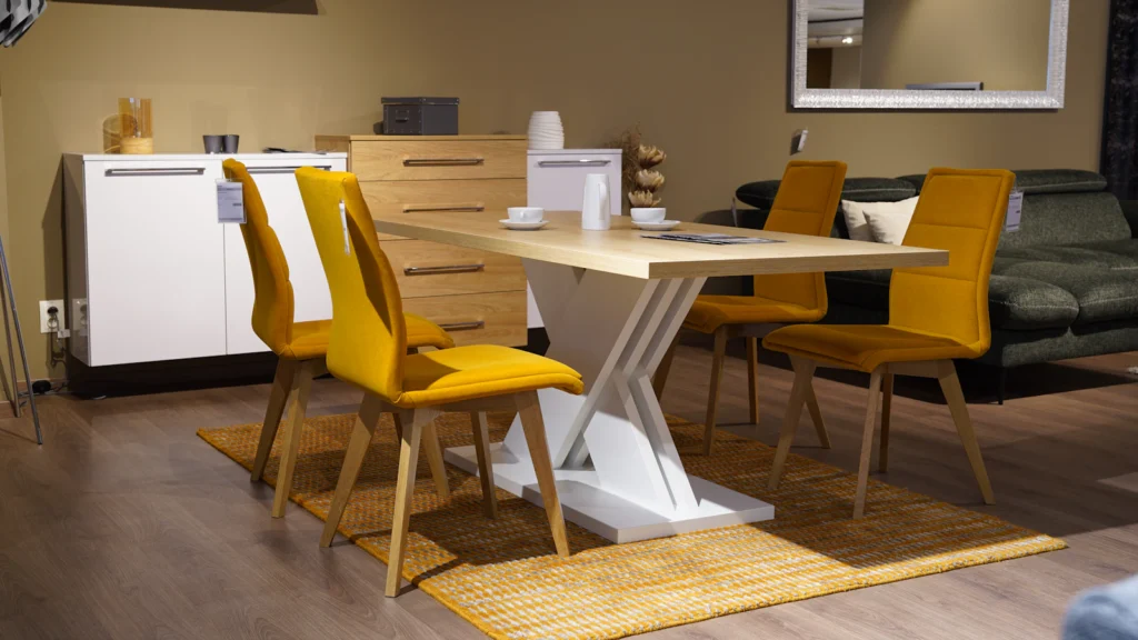 Furniture showroom presenting a coordinated range of chairs and tables