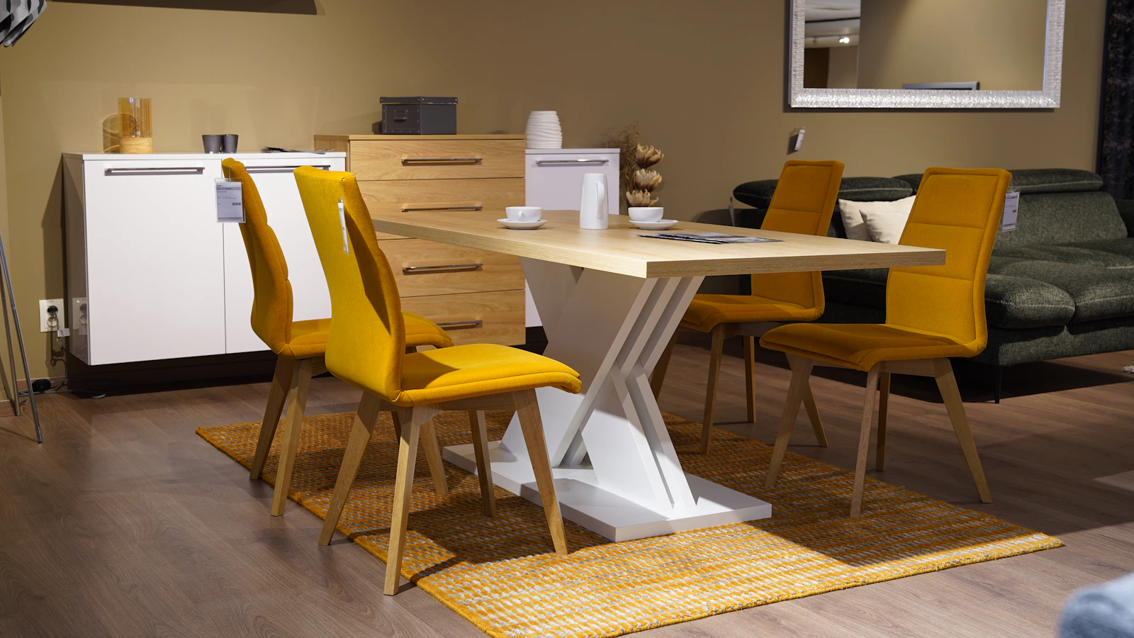 Furniture showroom presenting a coordinated range of chairs and tables