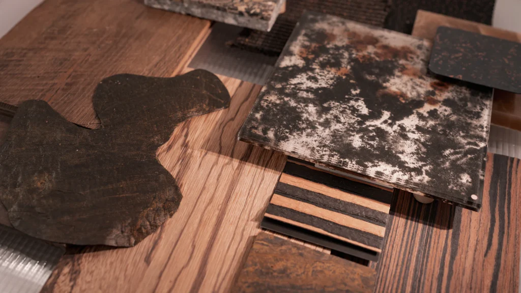 Material and finish samples arranged for furniture customization review