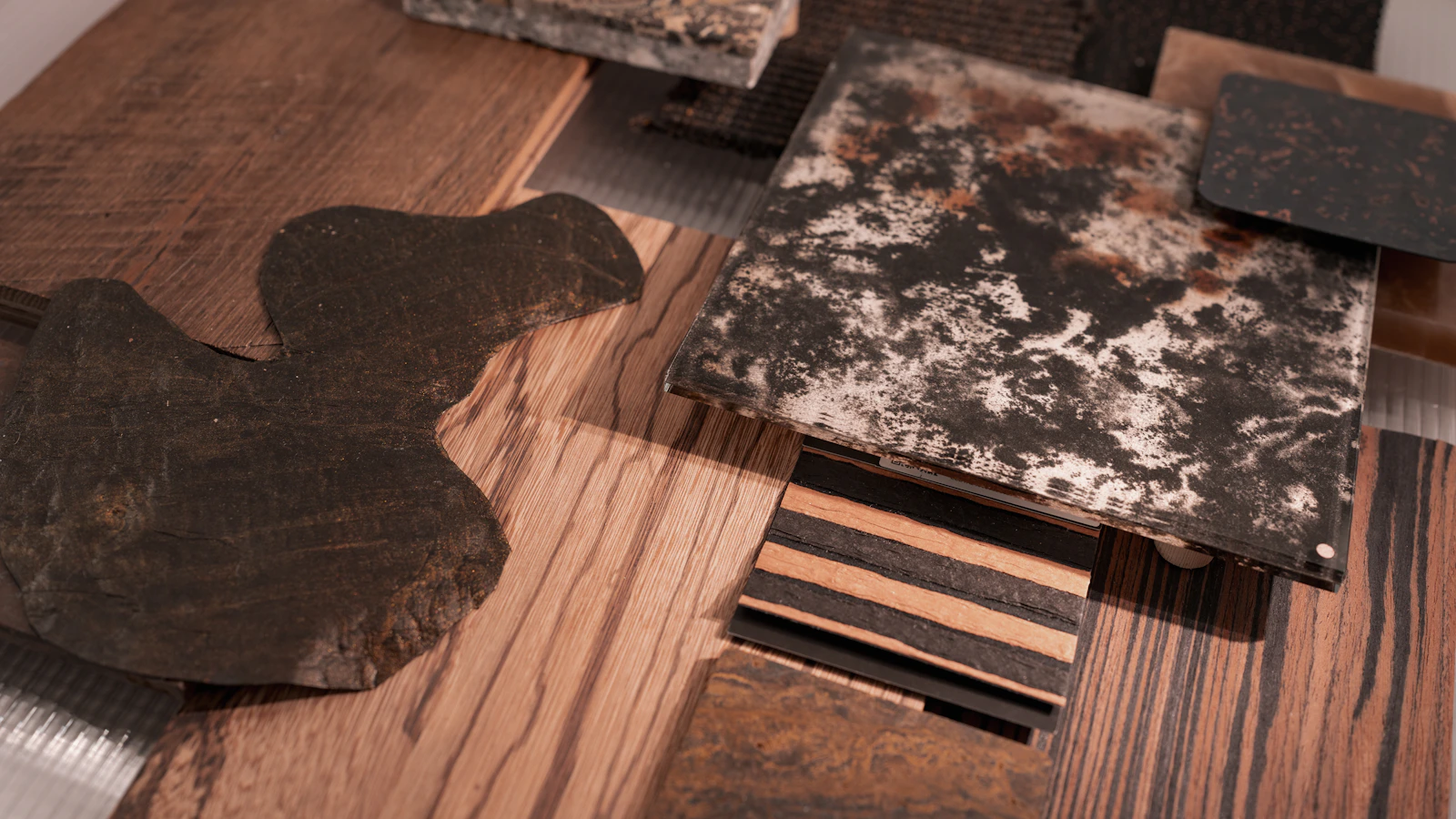 Material and finish samples arranged for furniture customization review
