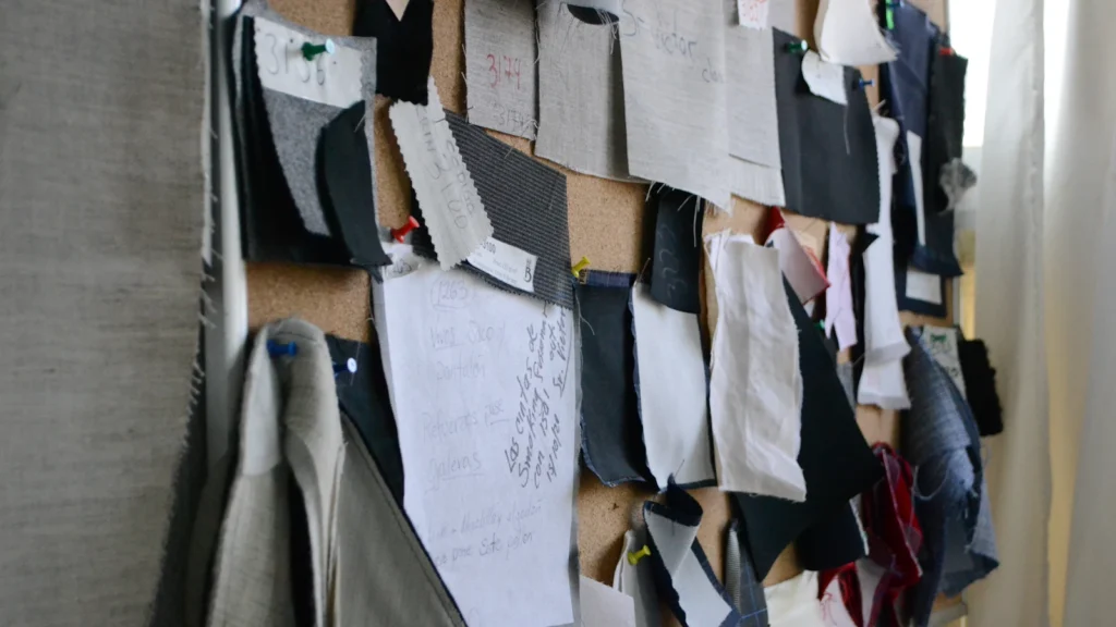 Textile and material samples prepared for furniture specification review