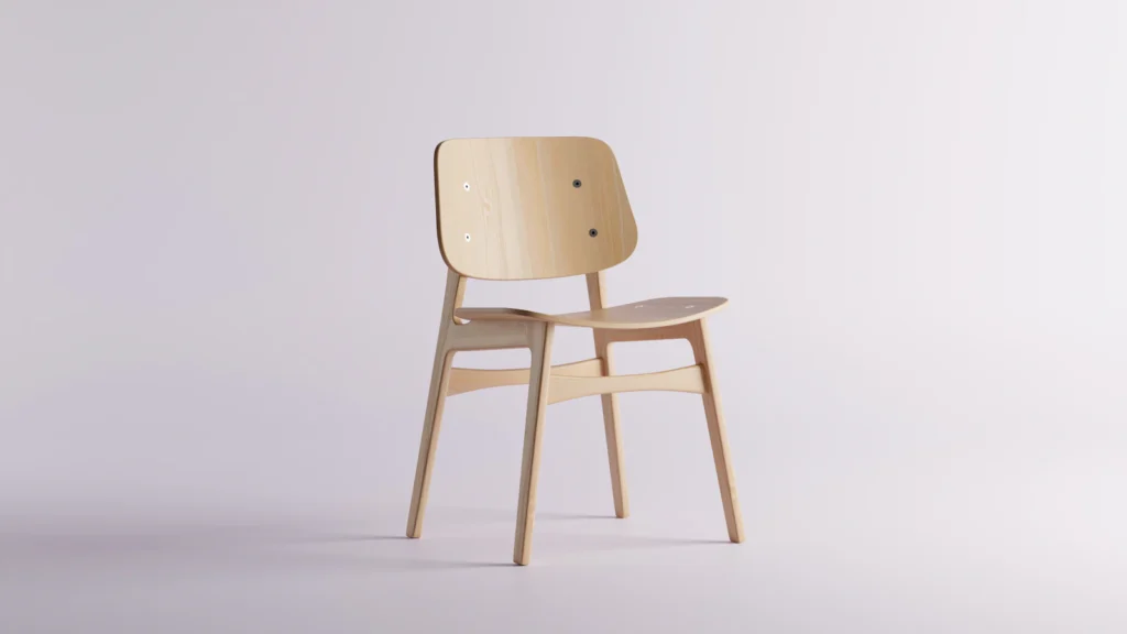 Wooden chair used as a visual reference for sample and bulk production comparison