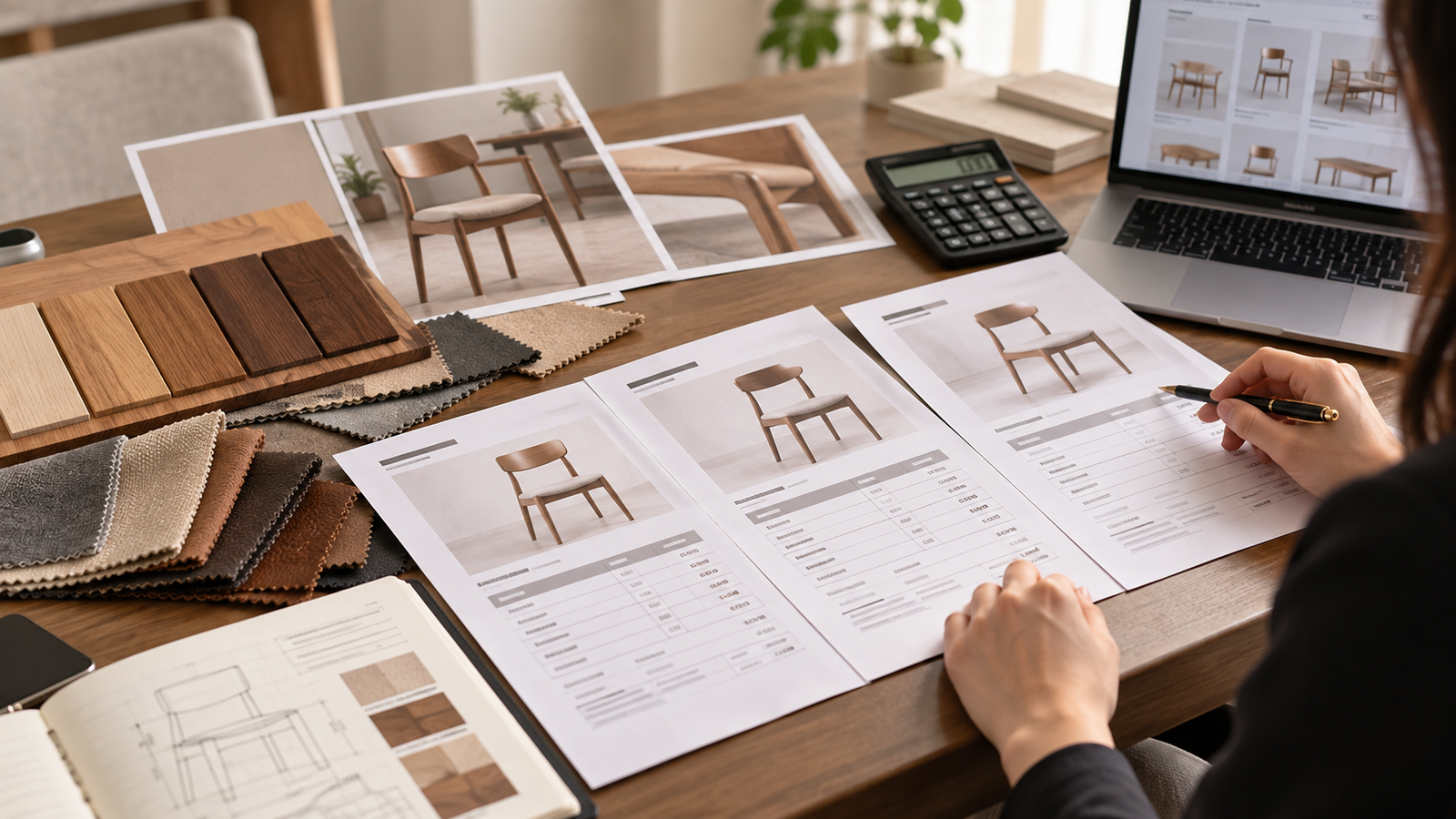 Furniture buyer comparing supplier quotations for a wholesale furniture order