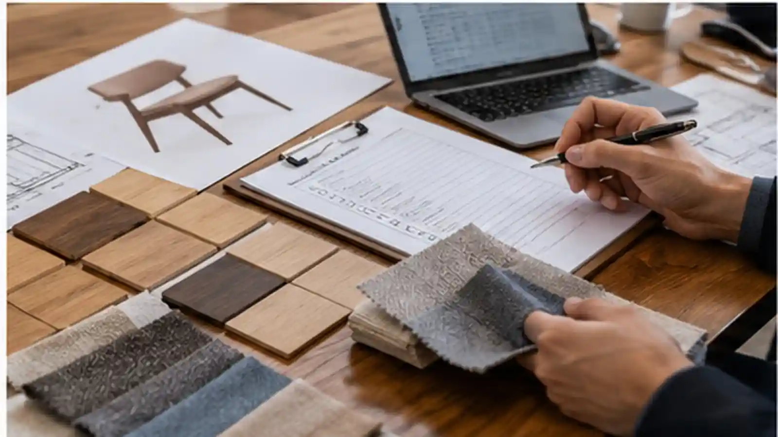 Buyer organizing furniture references, finish swatches, upholstery samples, and specification notes for an RFQ